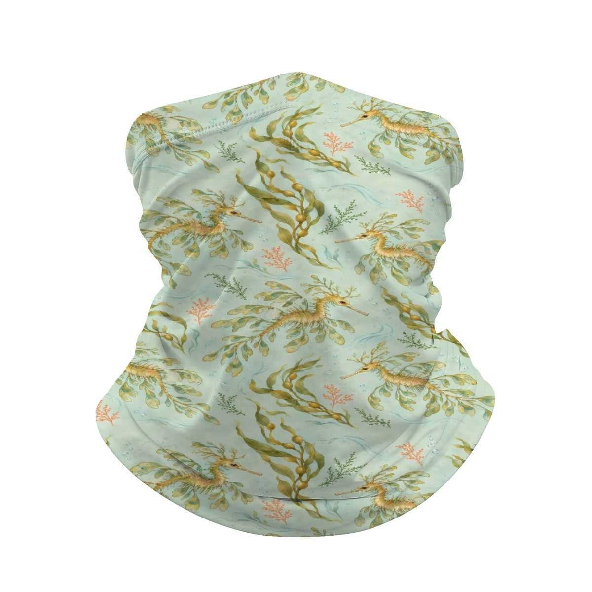 Neck gaiter and diving headband with olive and gold leafy sea dragons on a pale green background