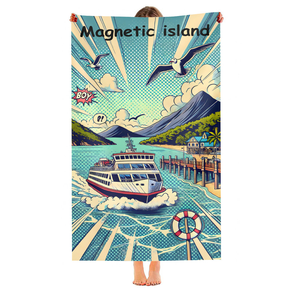 Magnetic Island ferry beach towel held up, full print shown