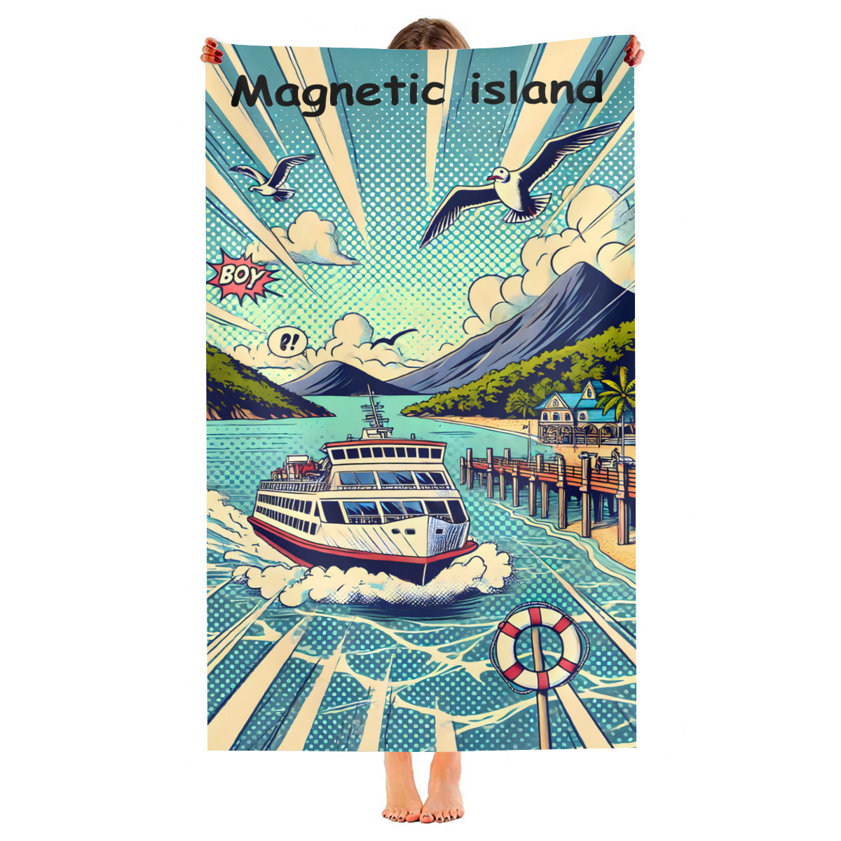 Magnetic Island ferry beach towel held up, full print shown