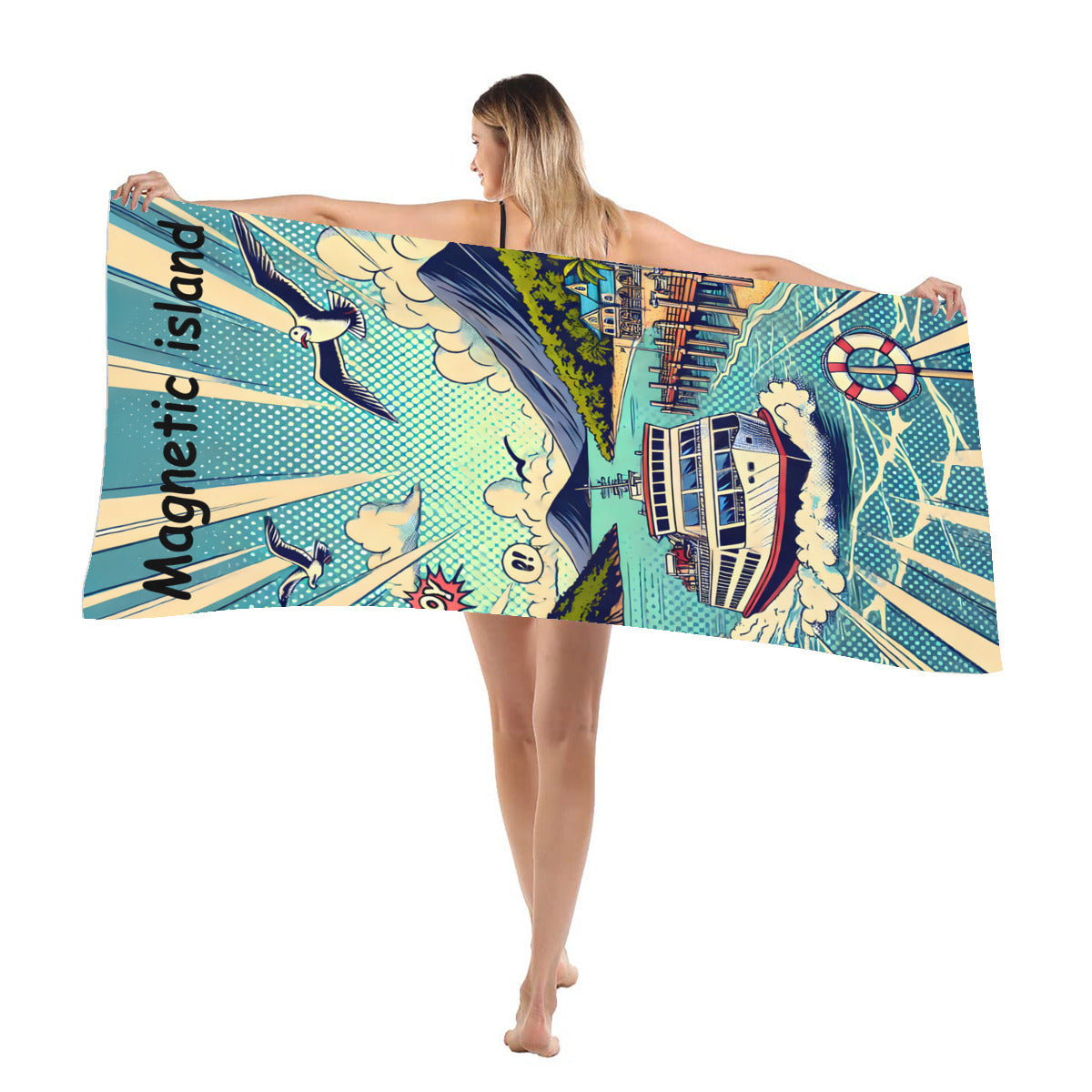 Magnetic Island ferry beach towel draped over the shoulder at the beach