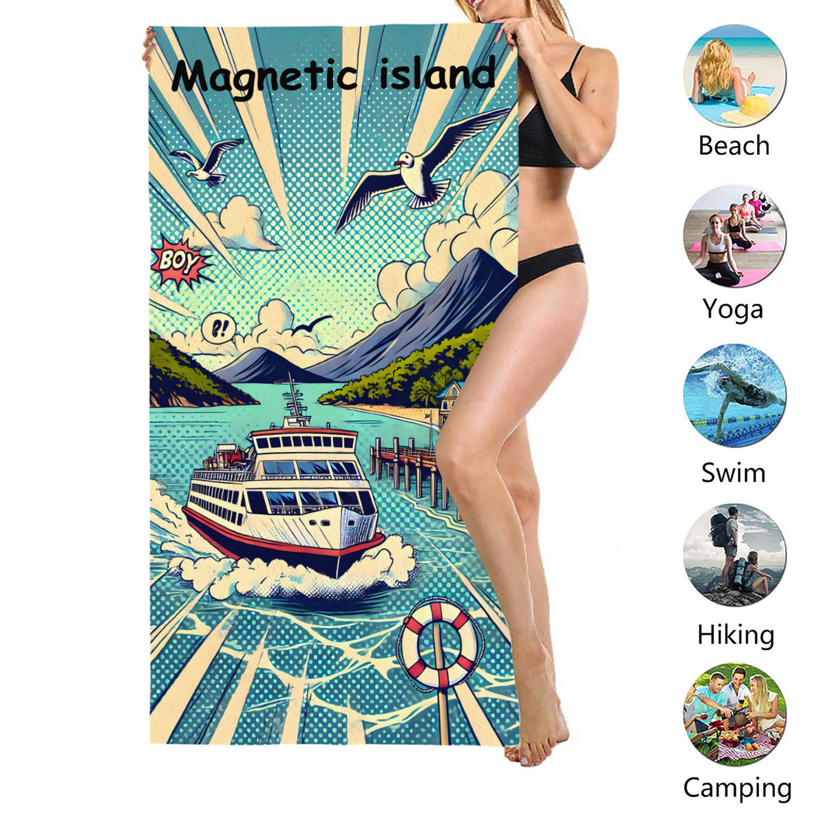 Magnetic Island ferry beach towel size shown, suited to beach, yoga, swimming, hiking and camping