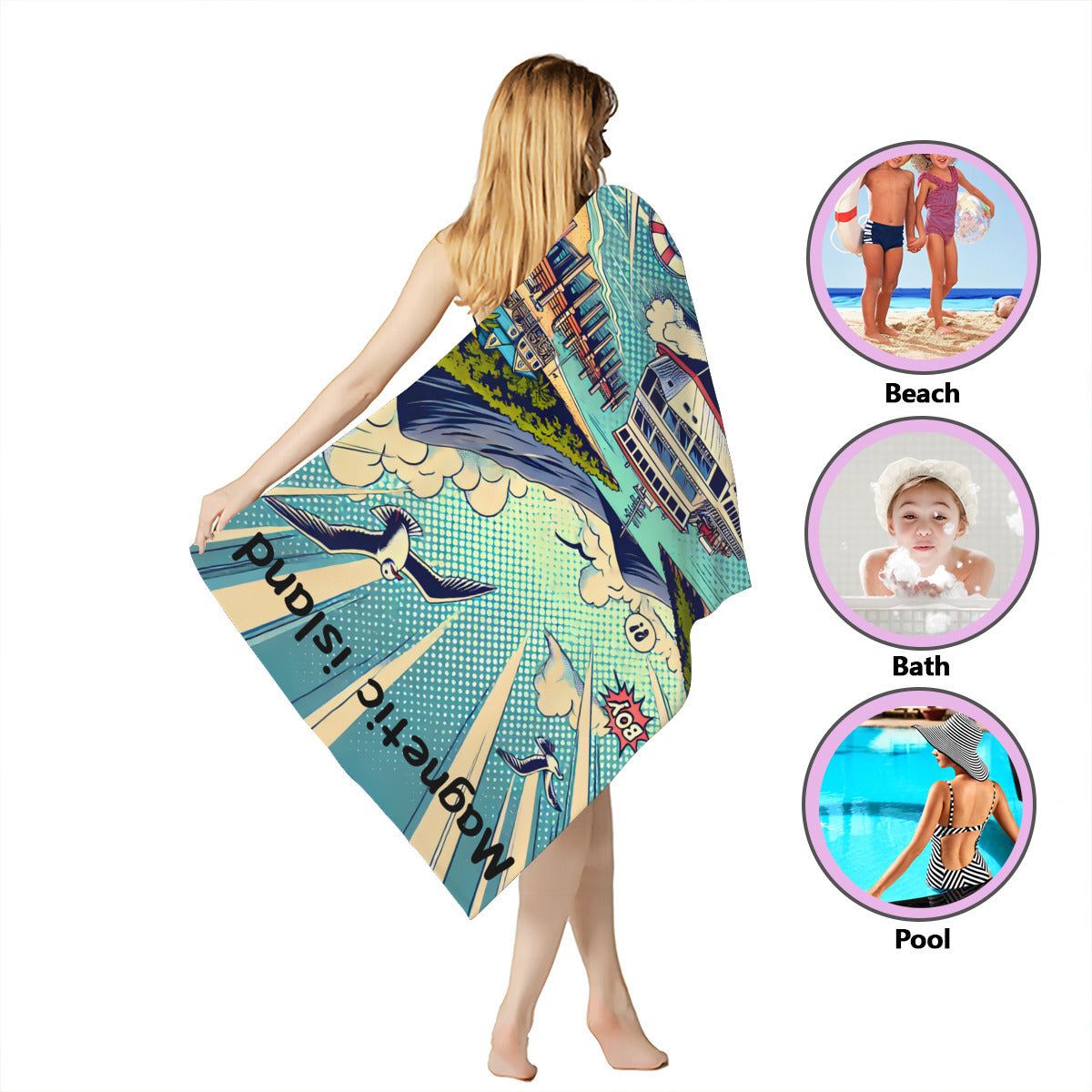 Magnetic Island ferry beach towel wrapped around the body, for beach, bath or pool