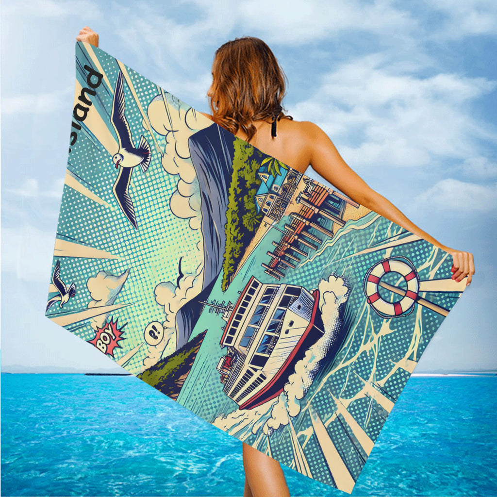 Magnetic Island ferry beach towel held up on the beach in the wind