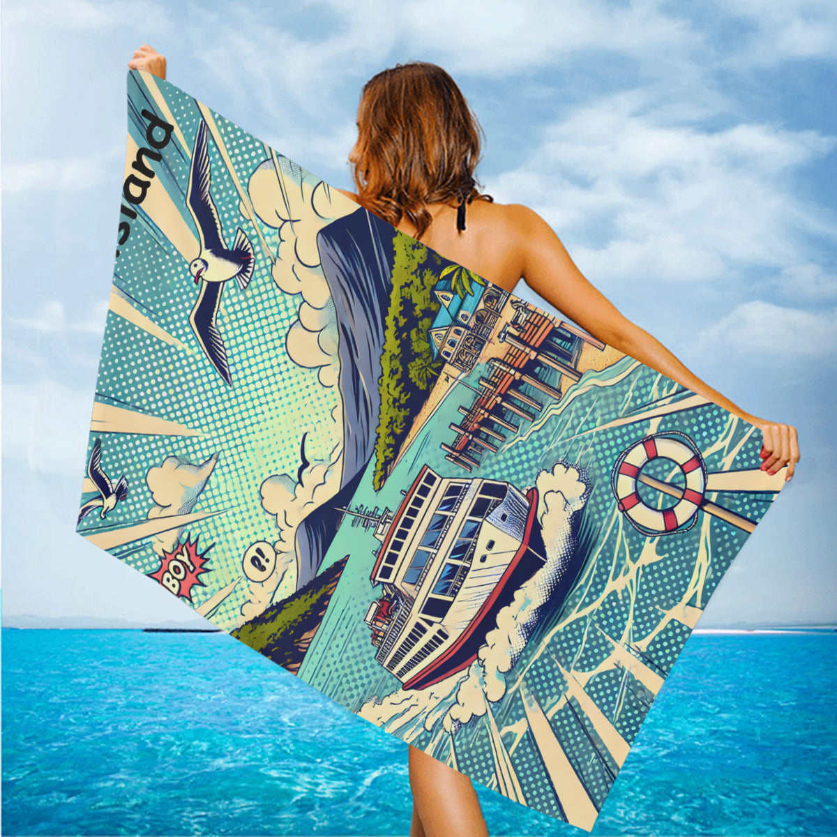 Magnetic Island ferry beach towel held up on the beach in the wind