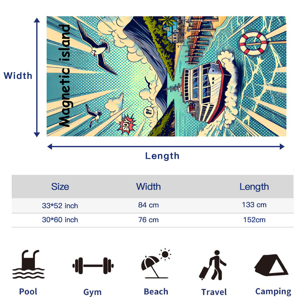 Size chart for the beach towel, 33 x 52 inch and 30 x 60 inch