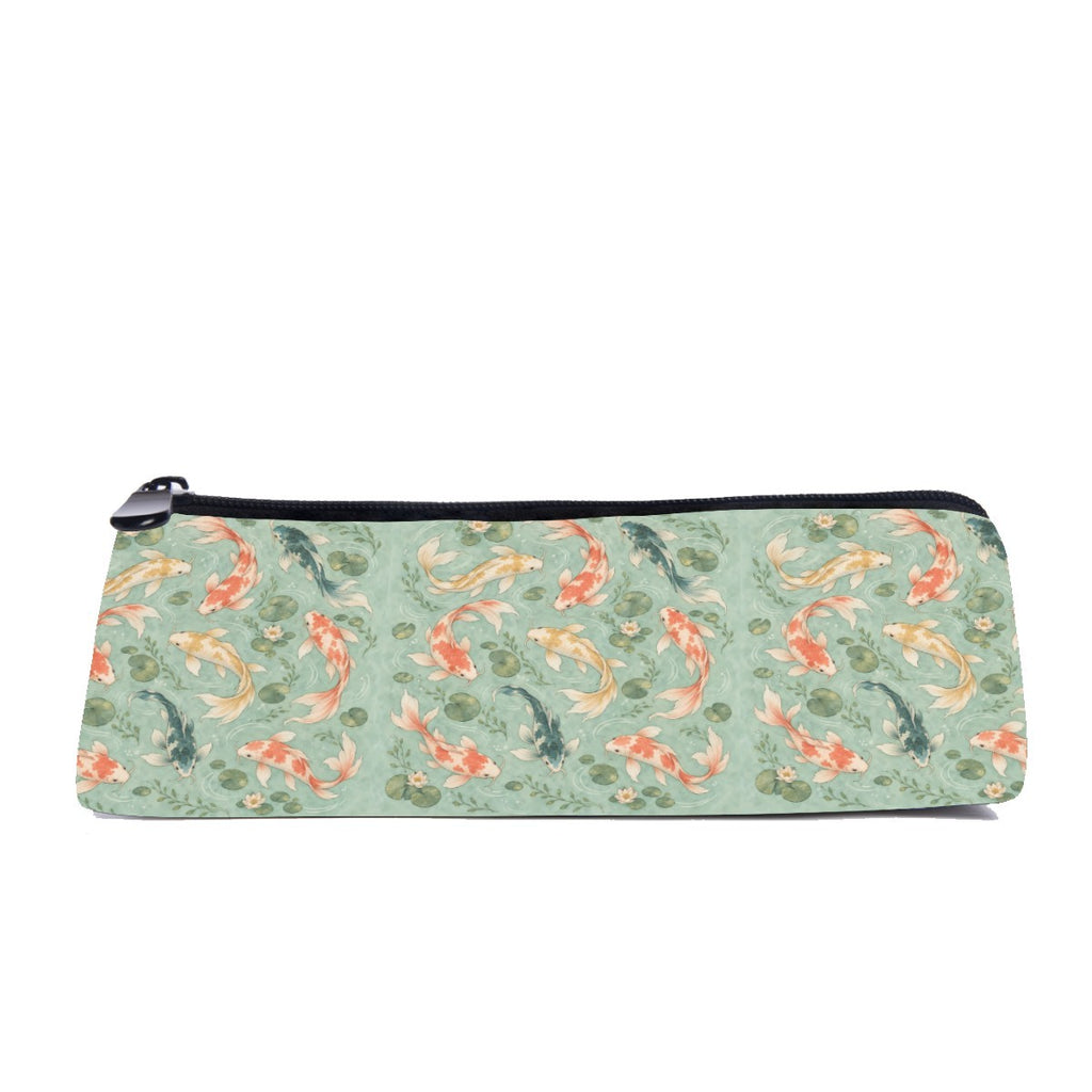Slim zip pencil case printed with orange, cream and teal koi among lily pads on sage green