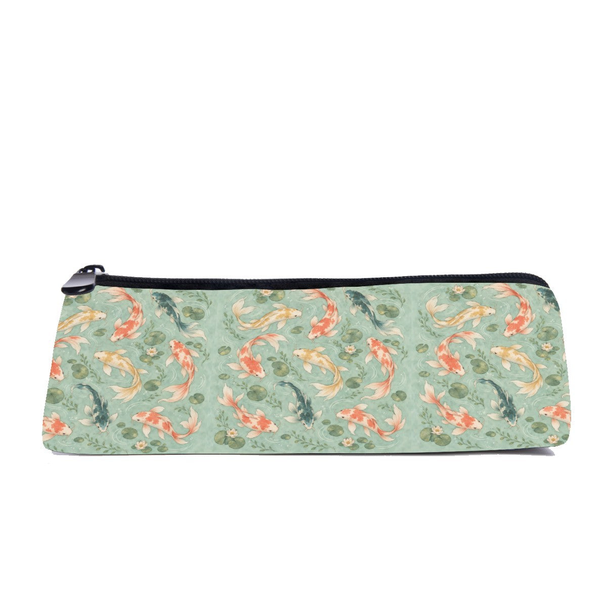Slim zip pencil case printed with orange, cream and teal koi among lily pads on sage green