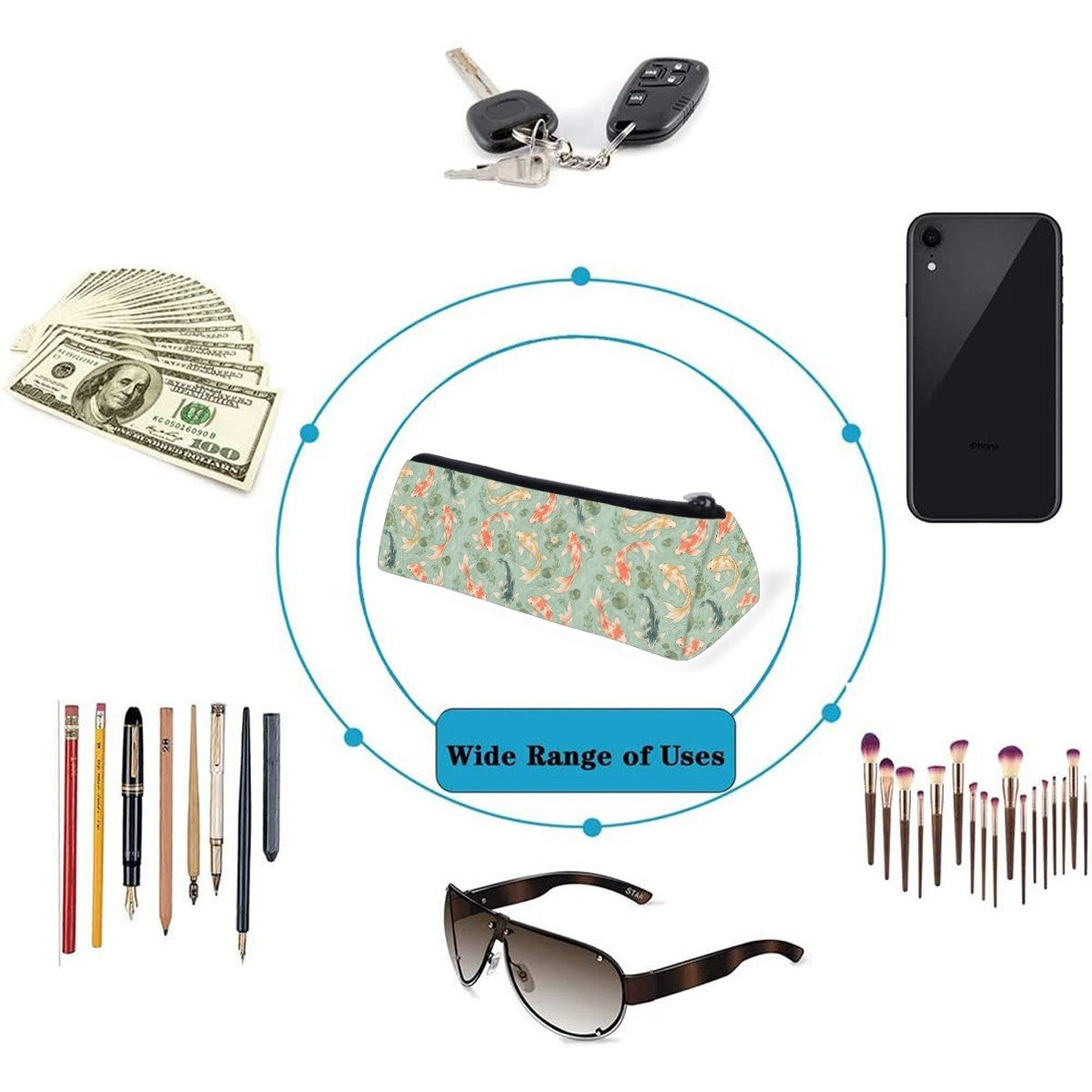 Koi pencil case shown with items it can hold, including pens, brushes, keys and a phone