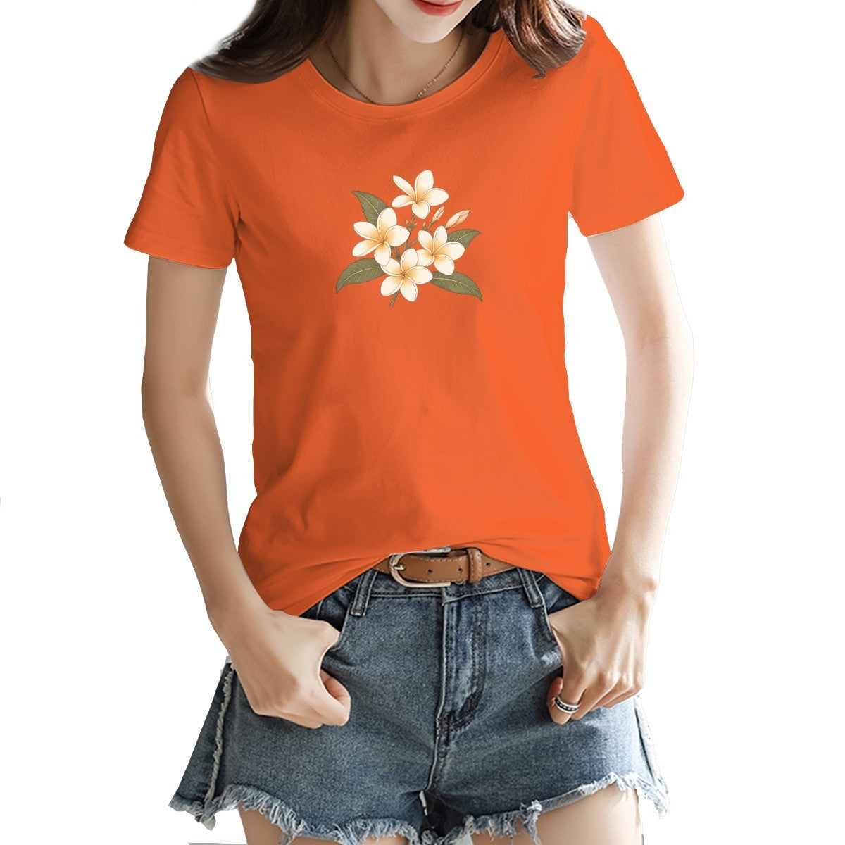 Frangipani flower print on a women's t-shirt, cream and gold blooms