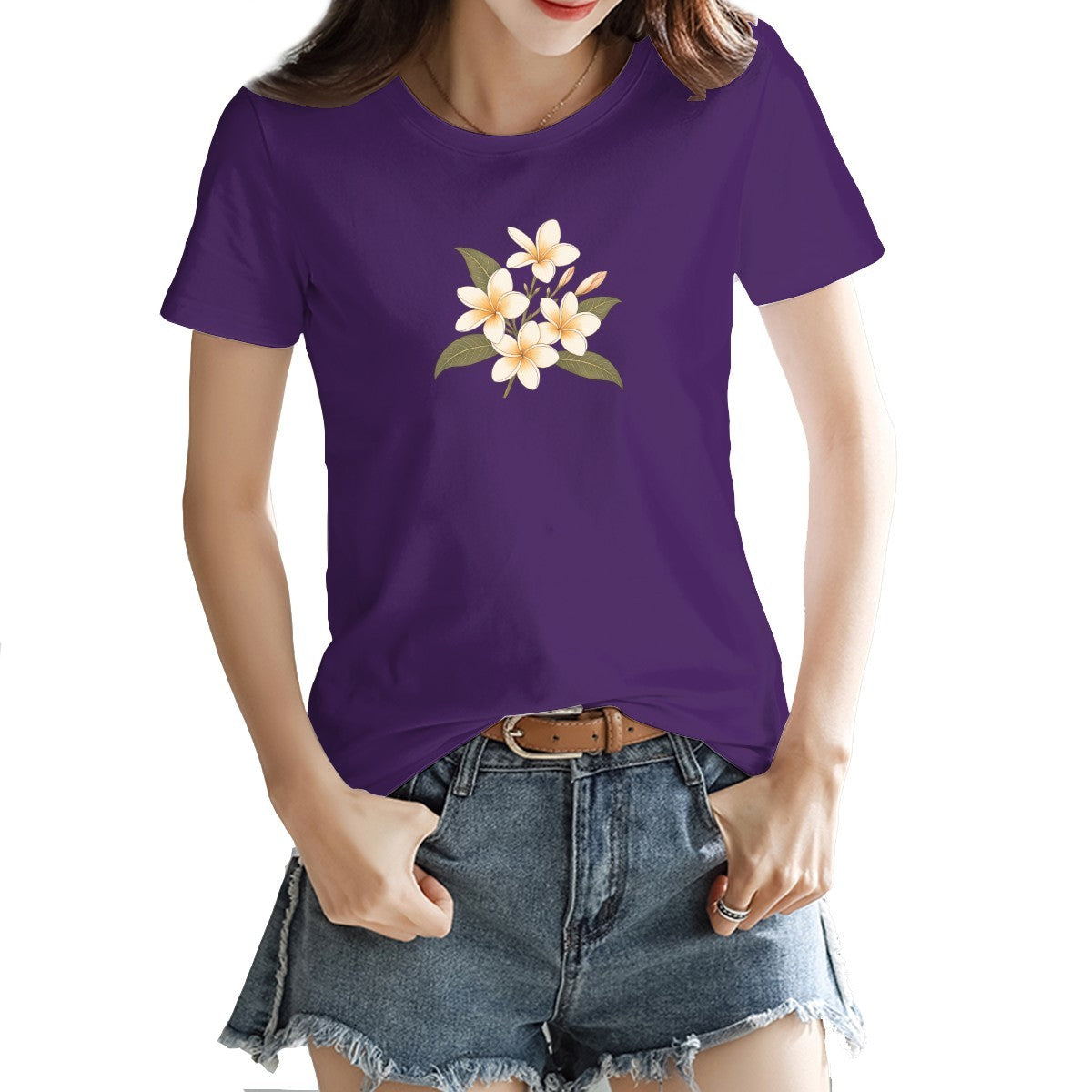 Frangipani flower print on a women's t-shirt, cream and gold blooms