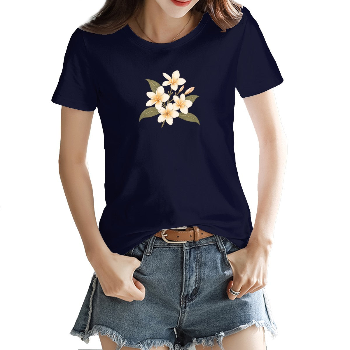 Frangipani flower print on a women's t-shirt, cream and gold blooms