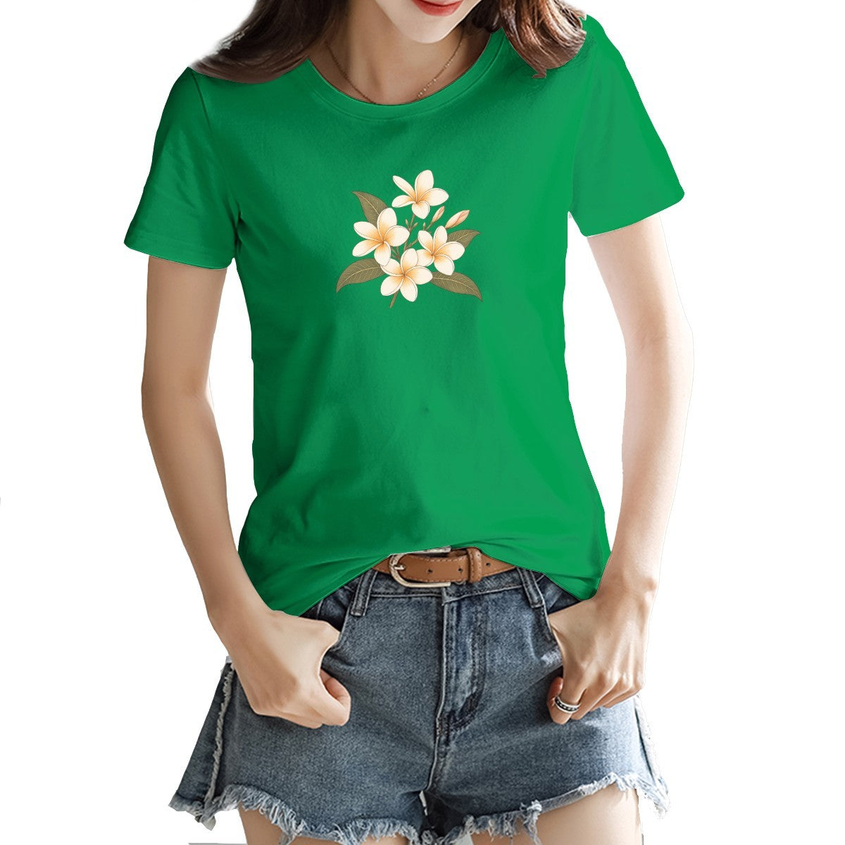 Frangipani flower print on a women's t-shirt, cream and gold blooms