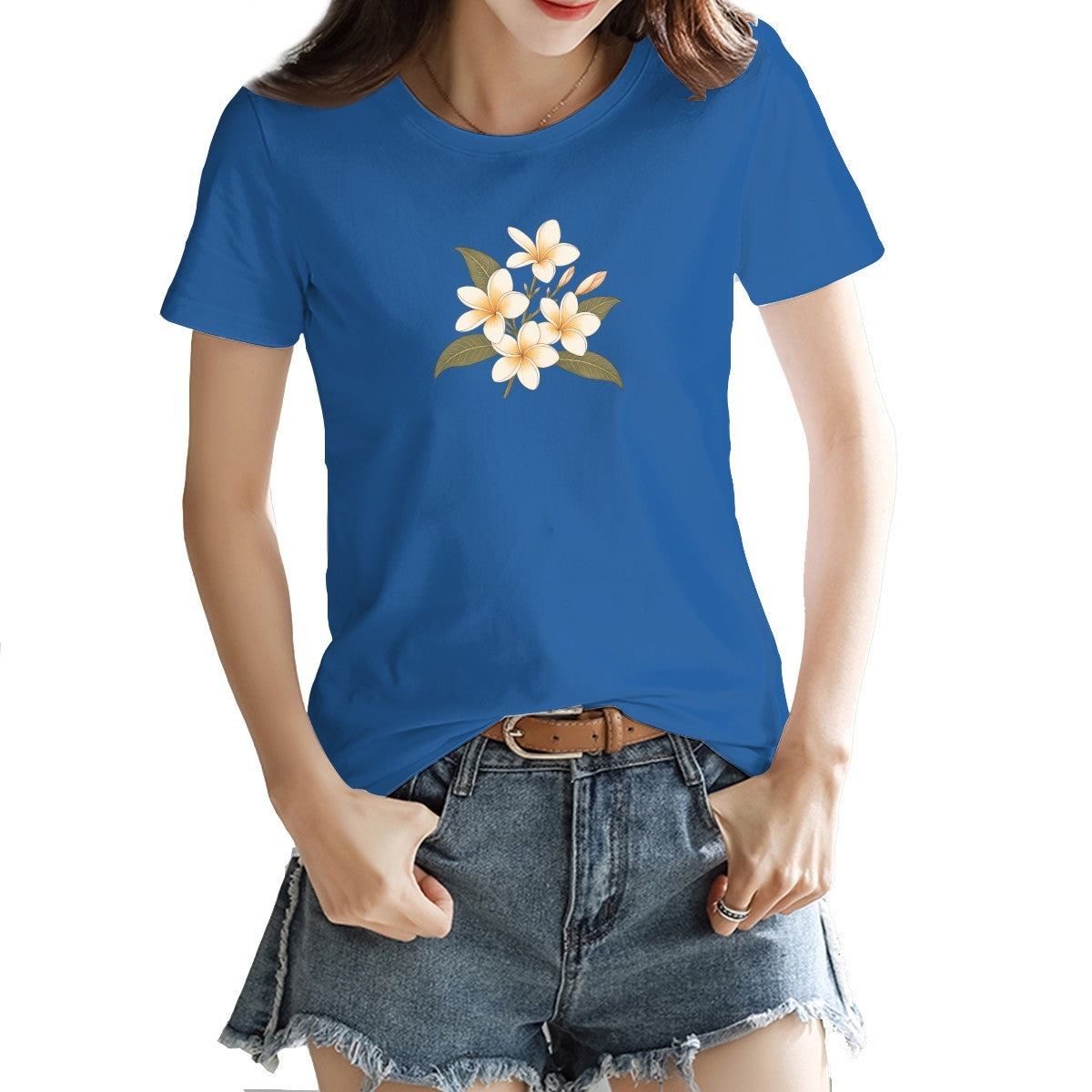 Frangipani flower print on a women's t-shirt, cream and gold blooms