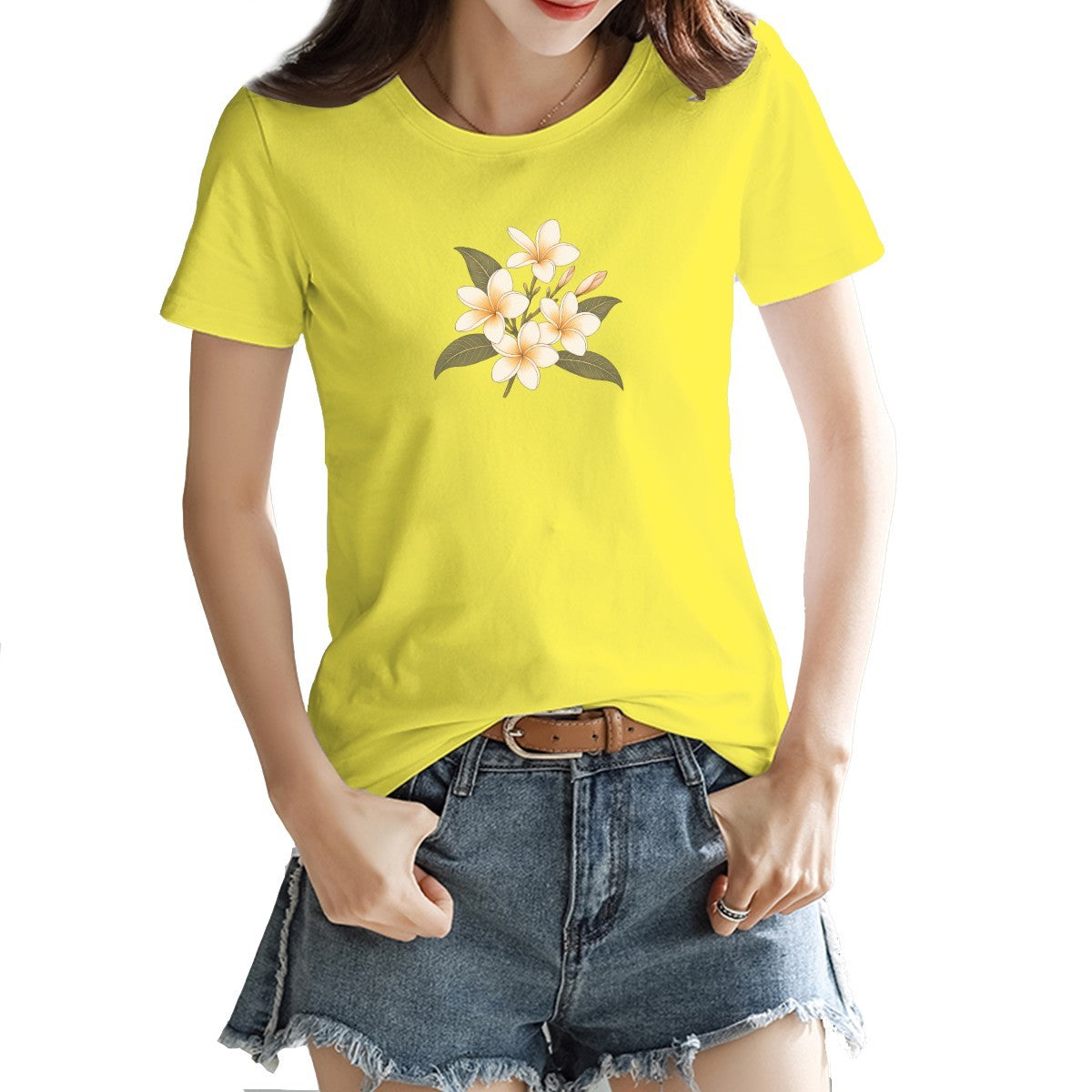 Frangipani flower print on a women's t-shirt, cream and gold blooms