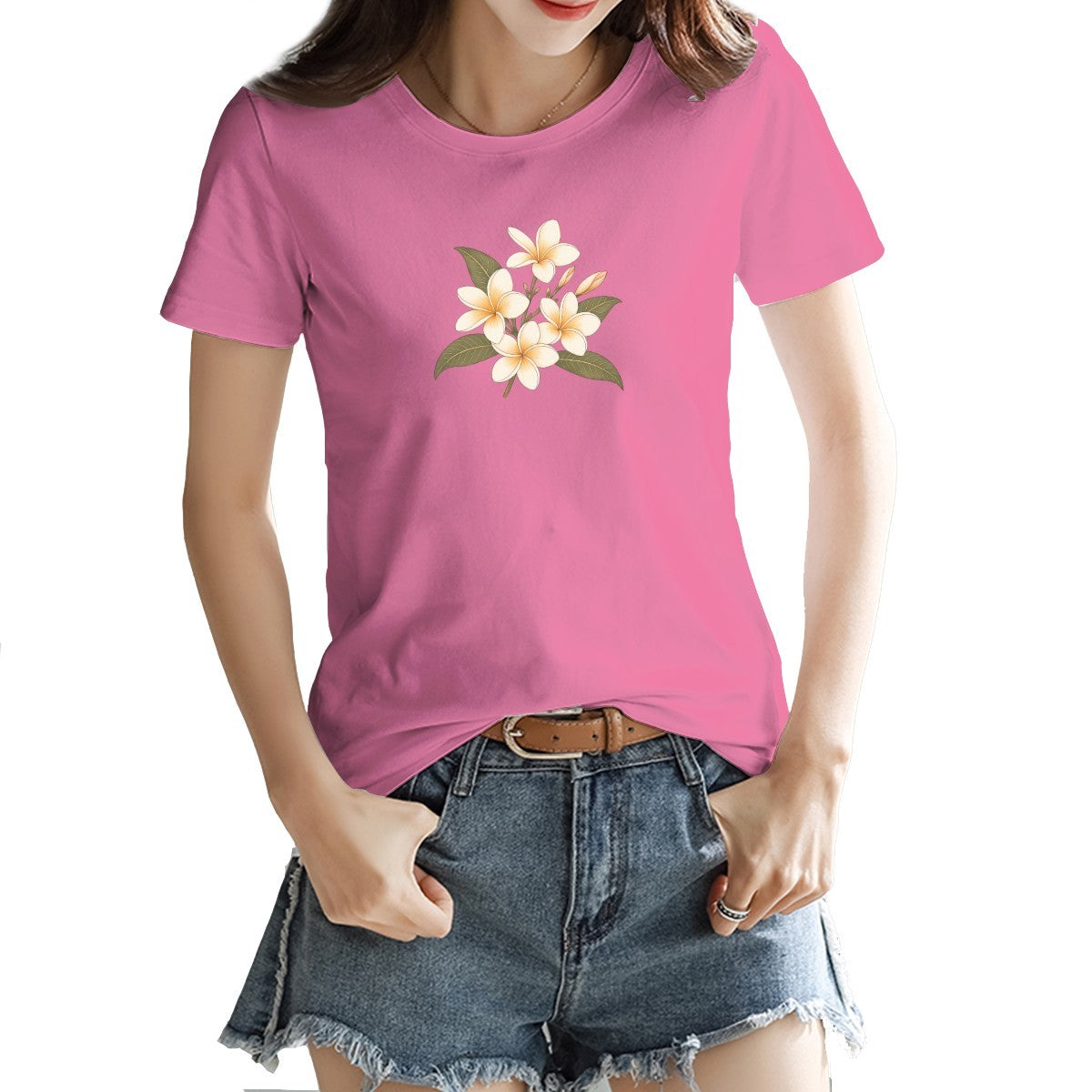 Frangipani flower print on a women's t-shirt, cream and gold blooms