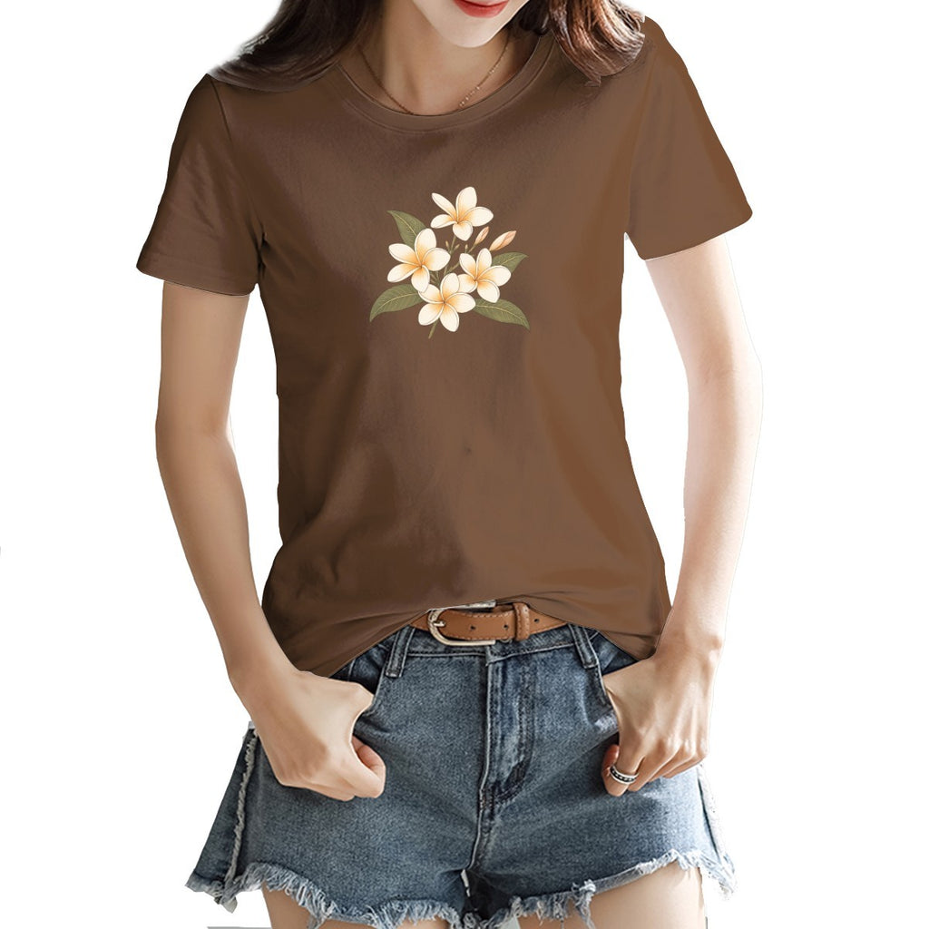 Frangipani flower print on a women's t-shirt, cream and gold blooms