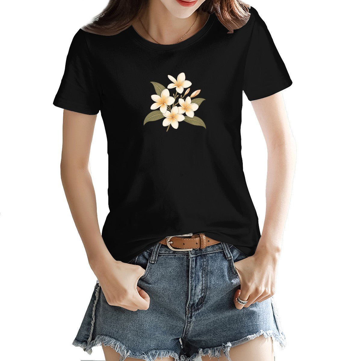 Frangipani flower print on a women's t-shirt, cream and gold blooms