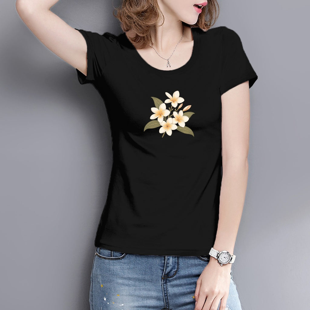 Frangipani flower print on a women's t-shirt, cream and gold blooms