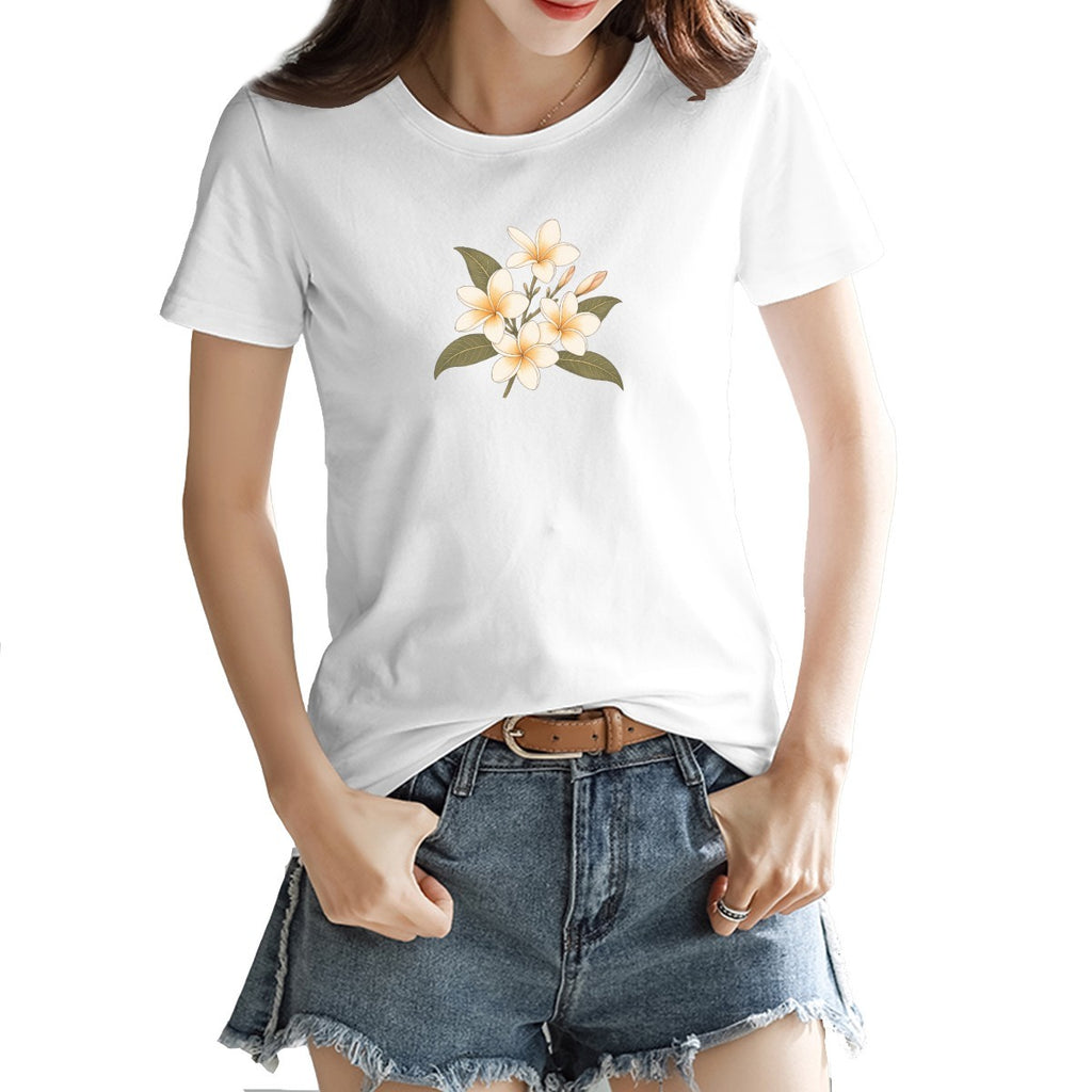 Frangipani flower print on a women's t-shirt, cream and gold blooms