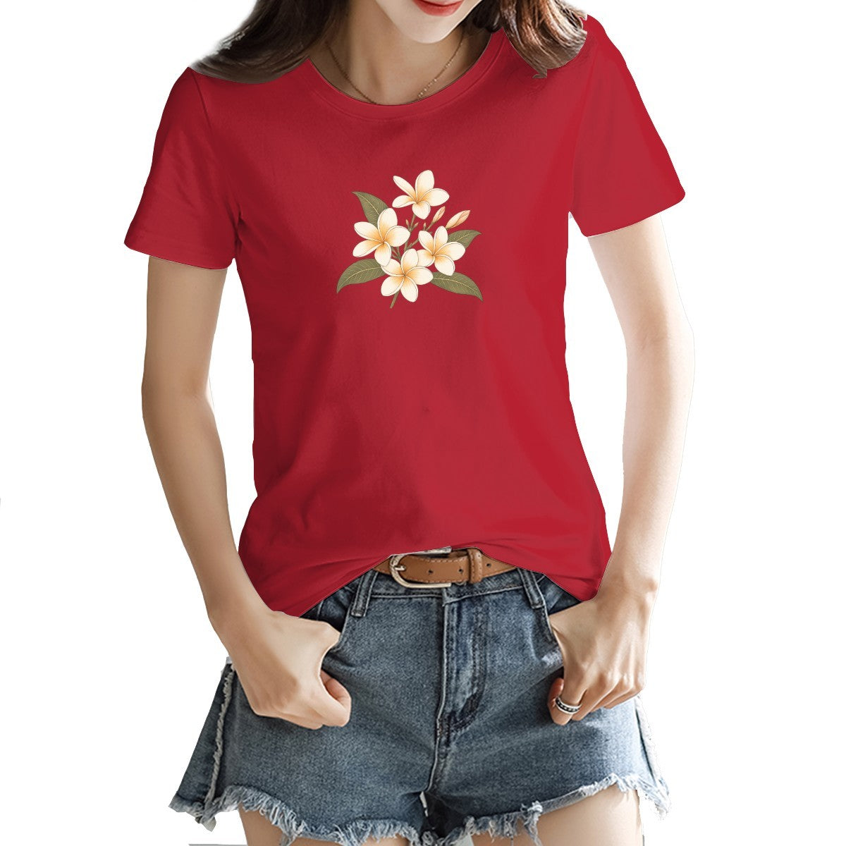 Frangipani flower print on a women's t-shirt, cream and gold blooms