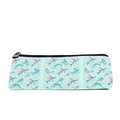 Slim zip pencil case printed with pink and lilac flying fish leaping over teal waves on pale aqua