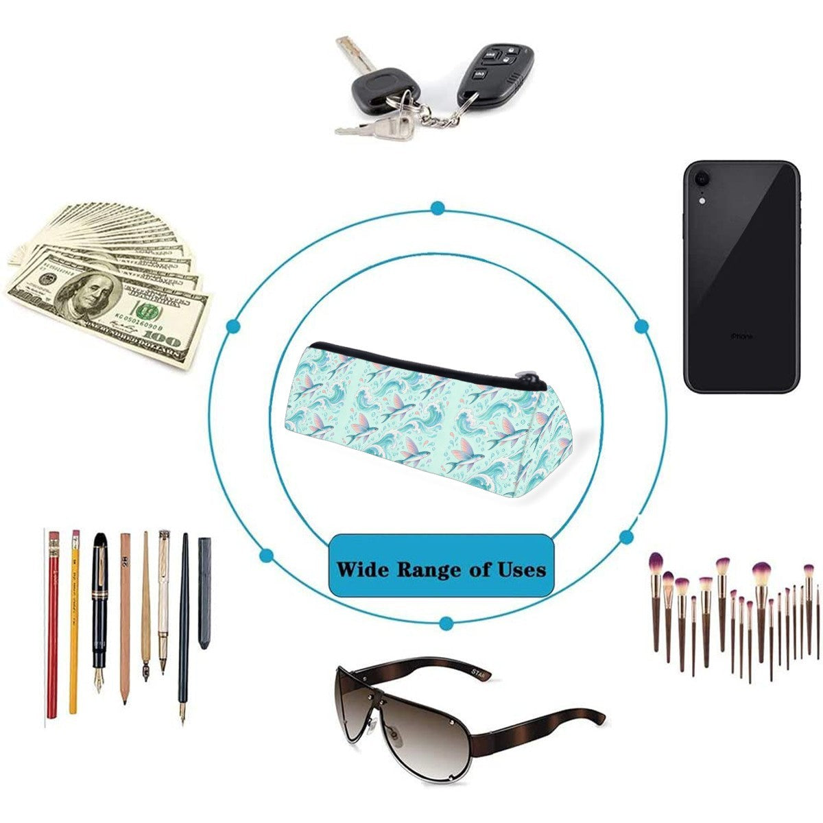 Flying fish pencil case shown with items it can hold, including pens, brushes, keys and a phone