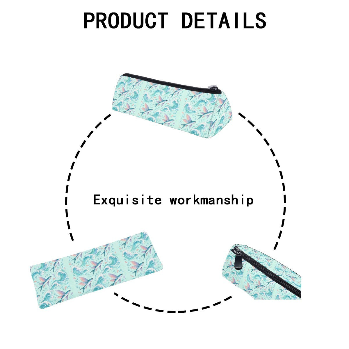 Product details diagram of the pencil case showing the zip and stitching