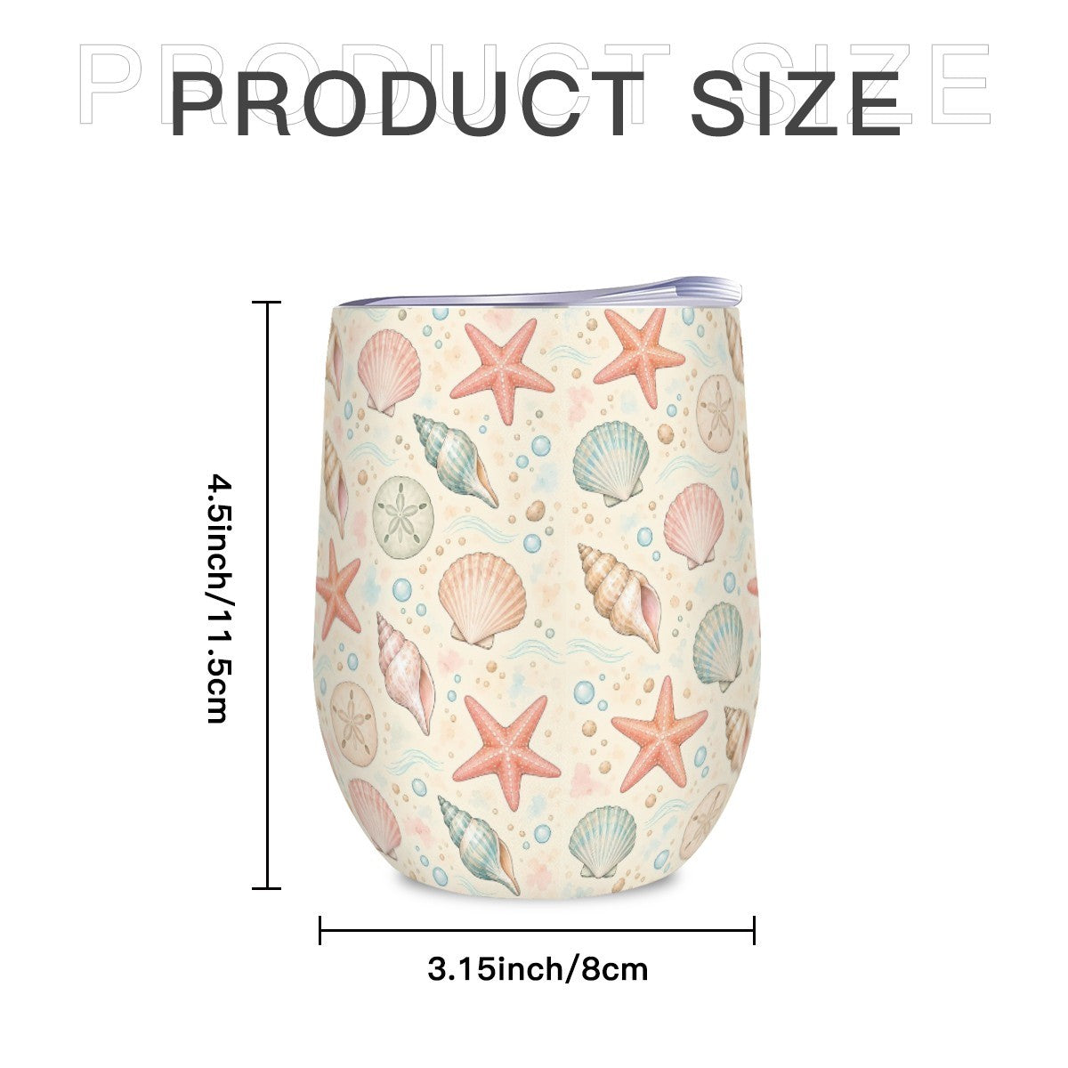 Size diagram of the seashell tumbler showing its height and width