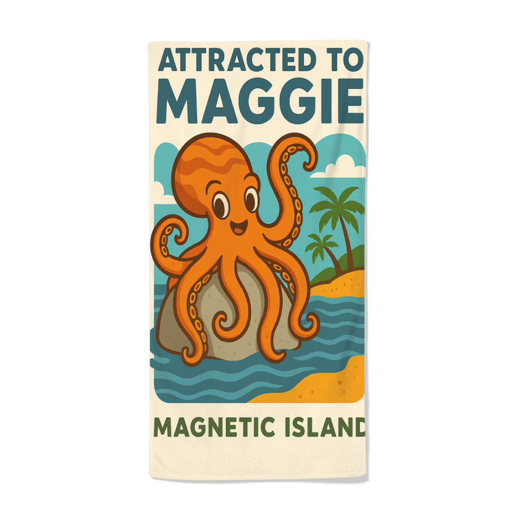 Attracted to Maggie octopus beach towel held up, full print shown