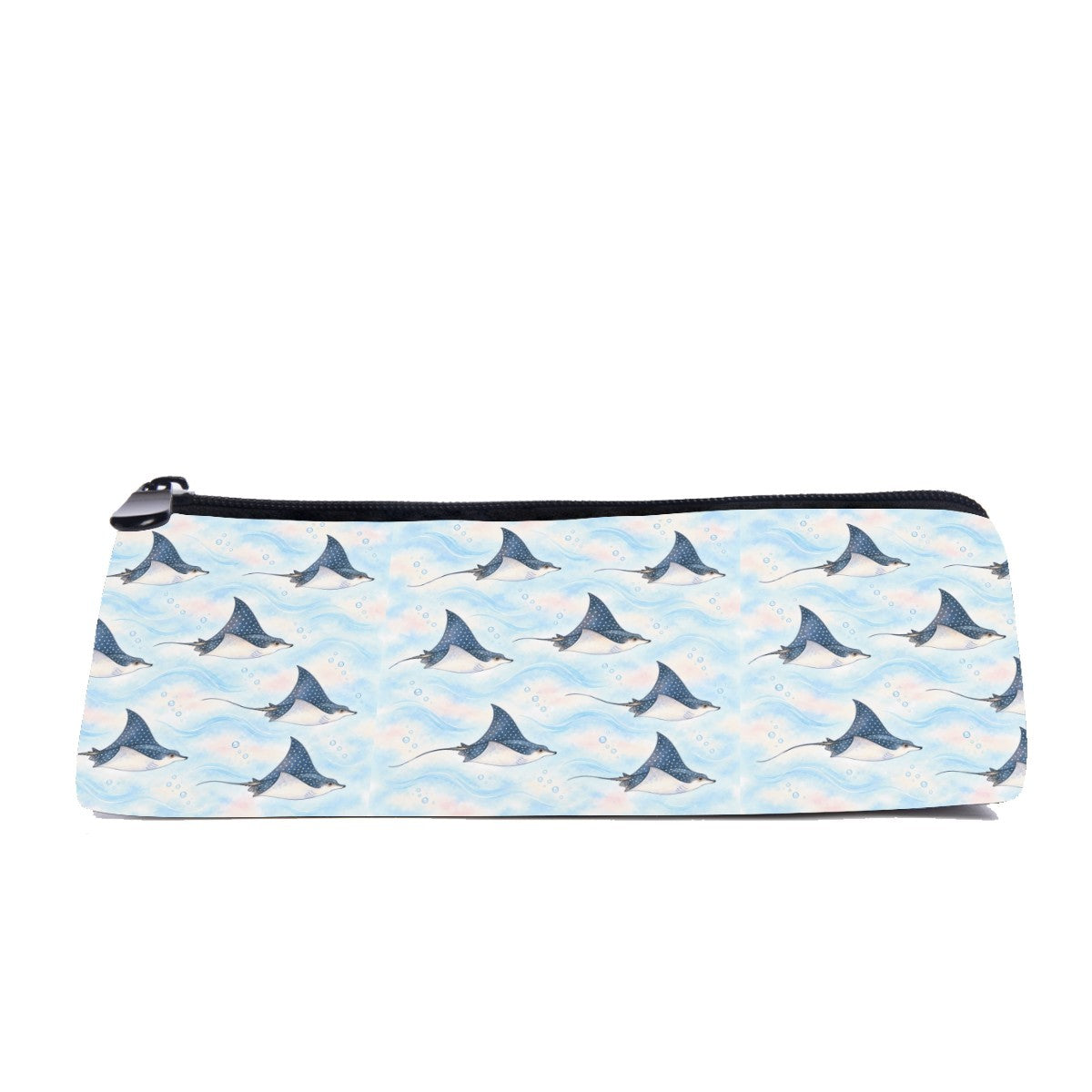 Slim zip pencil case printed with slate blue spotted eagle rays on pale sky blue