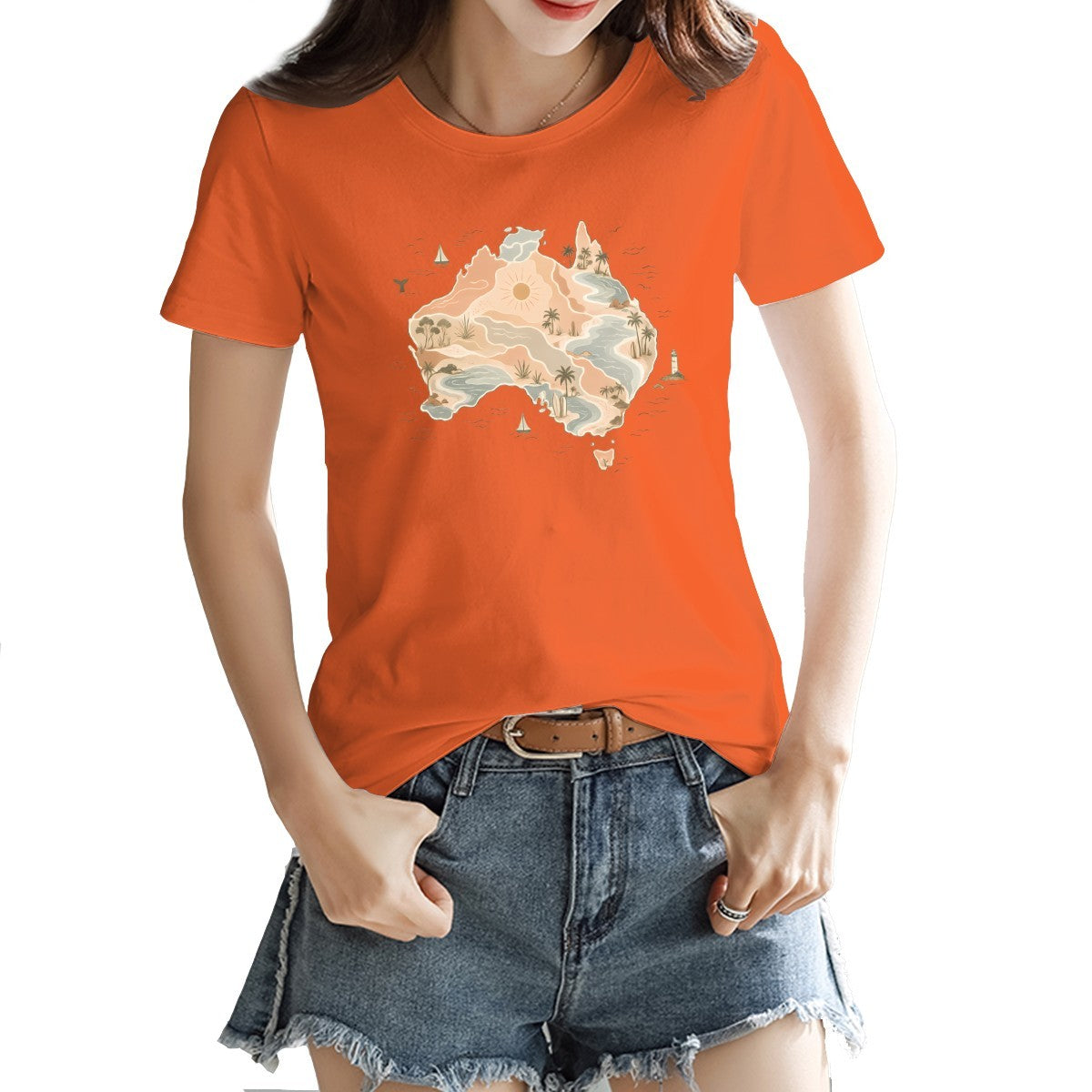 Boho Australia map print on a women's t-shirt, palm trees, dunes and a whale tail