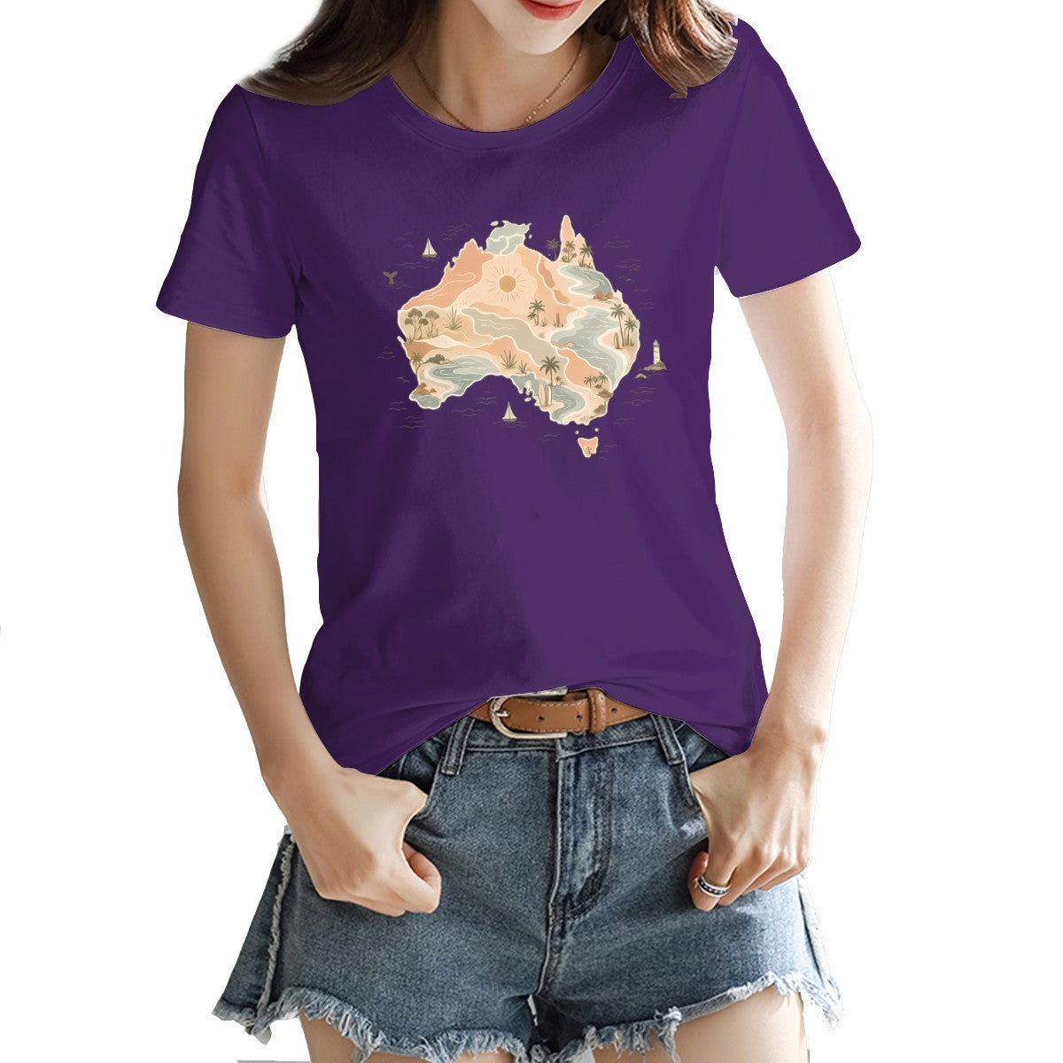 Boho Australia map print on a women's t-shirt, palm trees, dunes and a whale tail