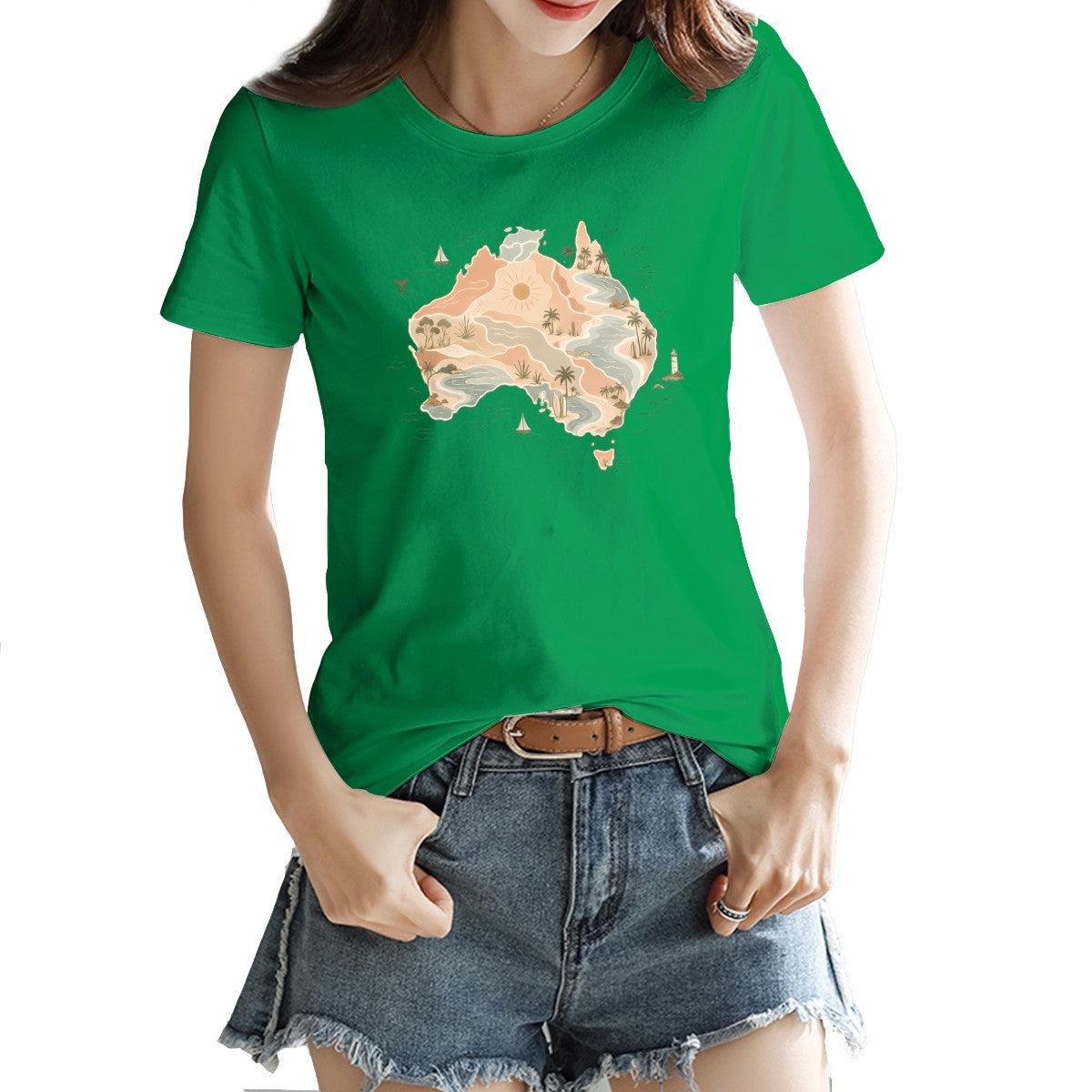 Boho Australia map print on a women's t-shirt, palm trees, dunes and a whale tail