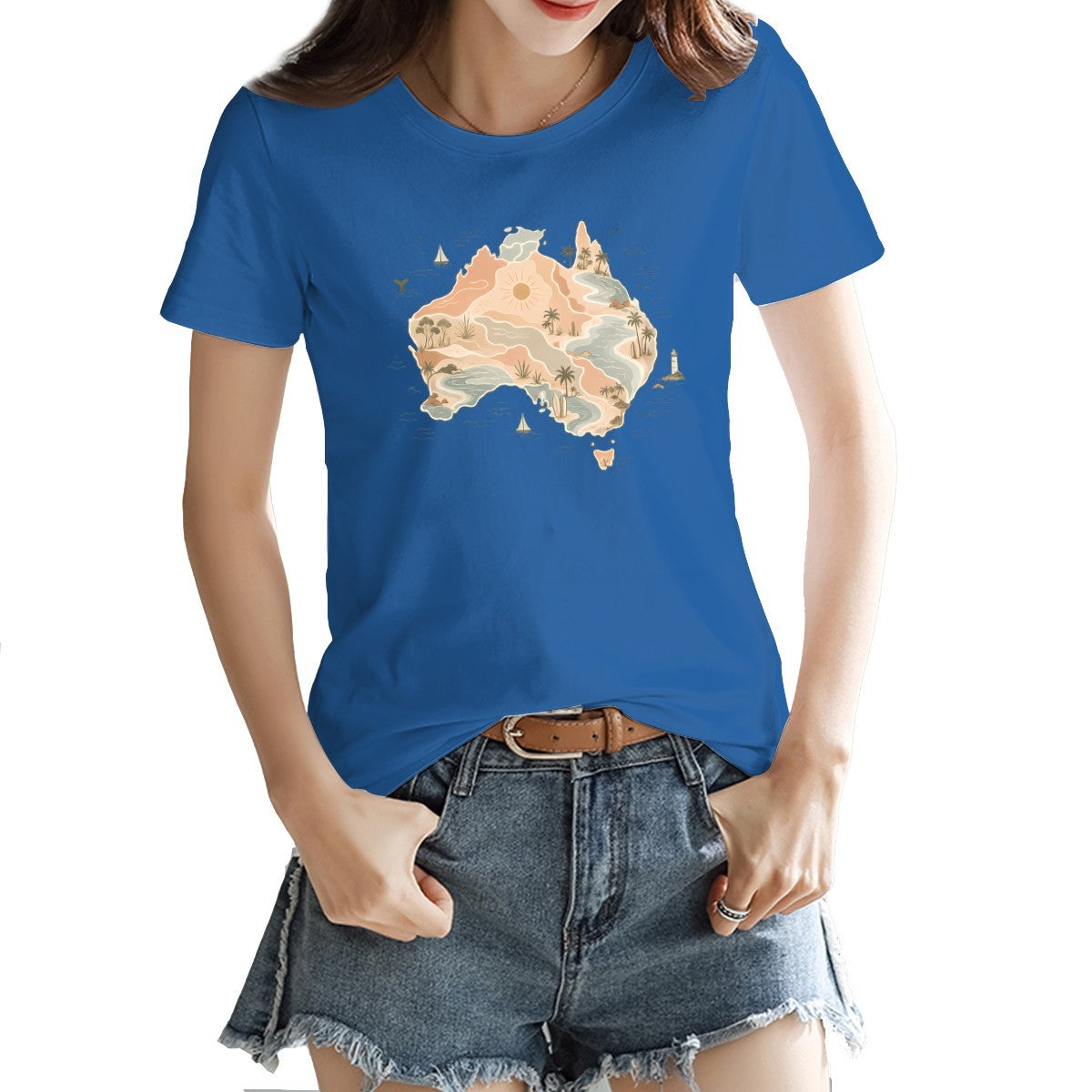 Boho Australia map print on a women's t-shirt, palm trees, dunes and a whale tail