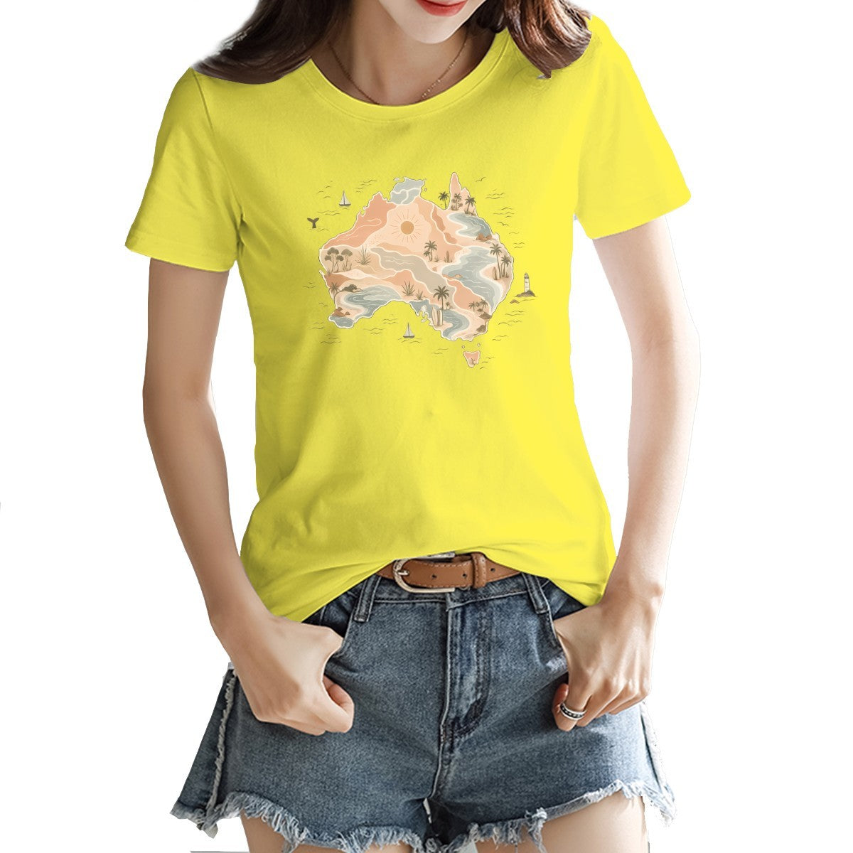 Boho Australia map print on a women's t-shirt, palm trees, dunes and a whale tail