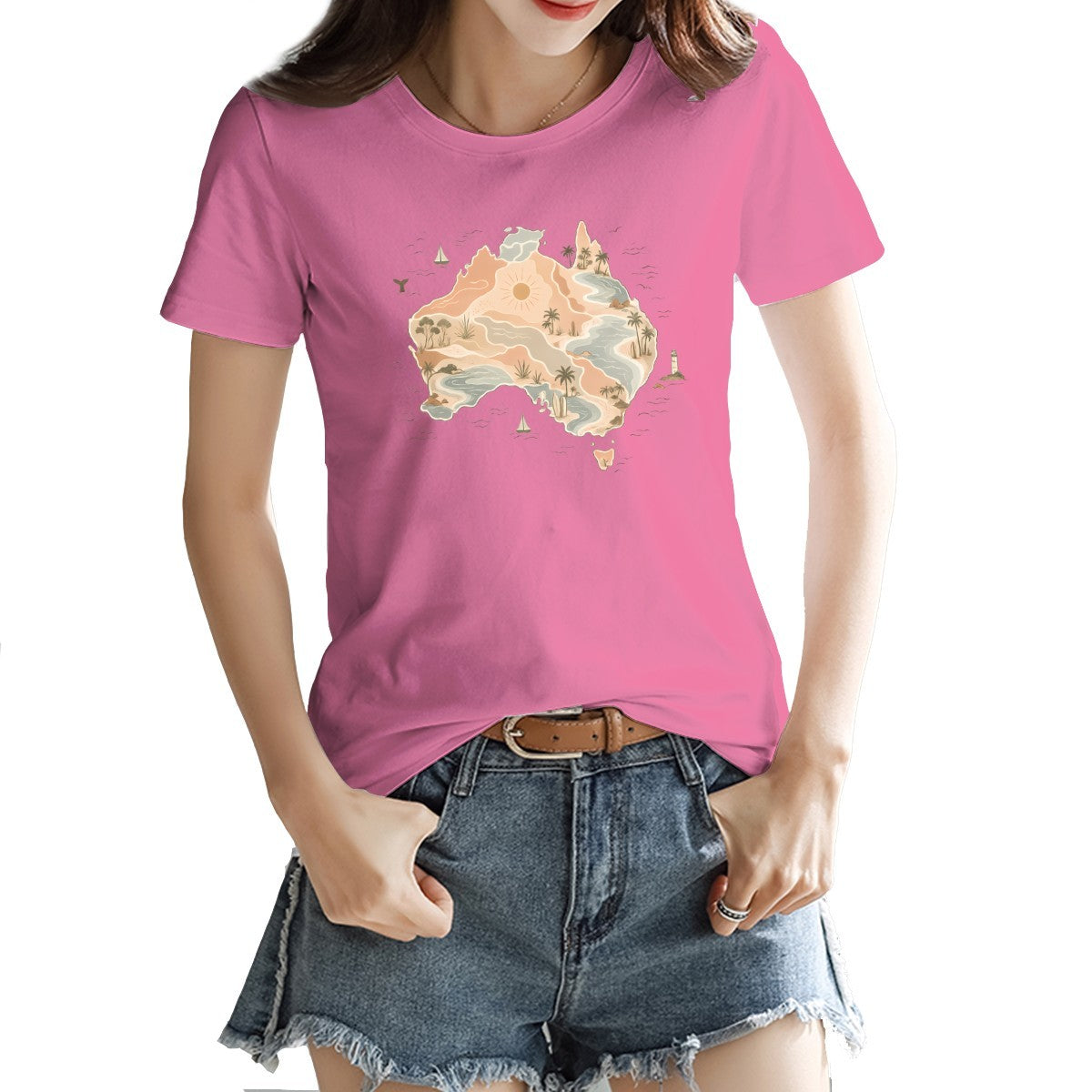 Boho Australia map print on a women's t-shirt, palm trees, dunes and a whale tail