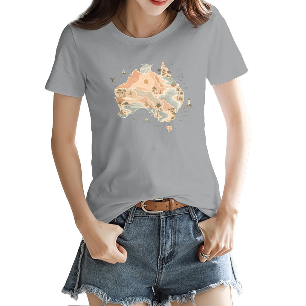 Boho Australia map print on a women's t-shirt, palm trees, dunes and a whale tail