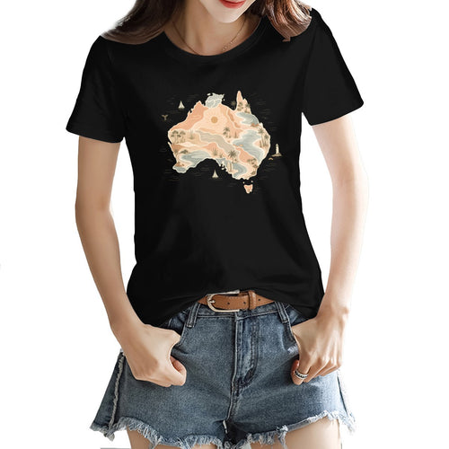 Boho Australia map print on a women's t-shirt, palm trees, dunes and a whale tail