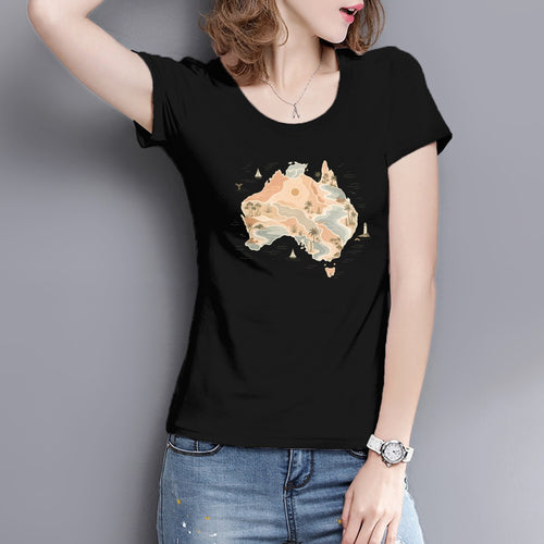 Boho Australia map print on a women's t-shirt, palm trees, dunes and a whale tail