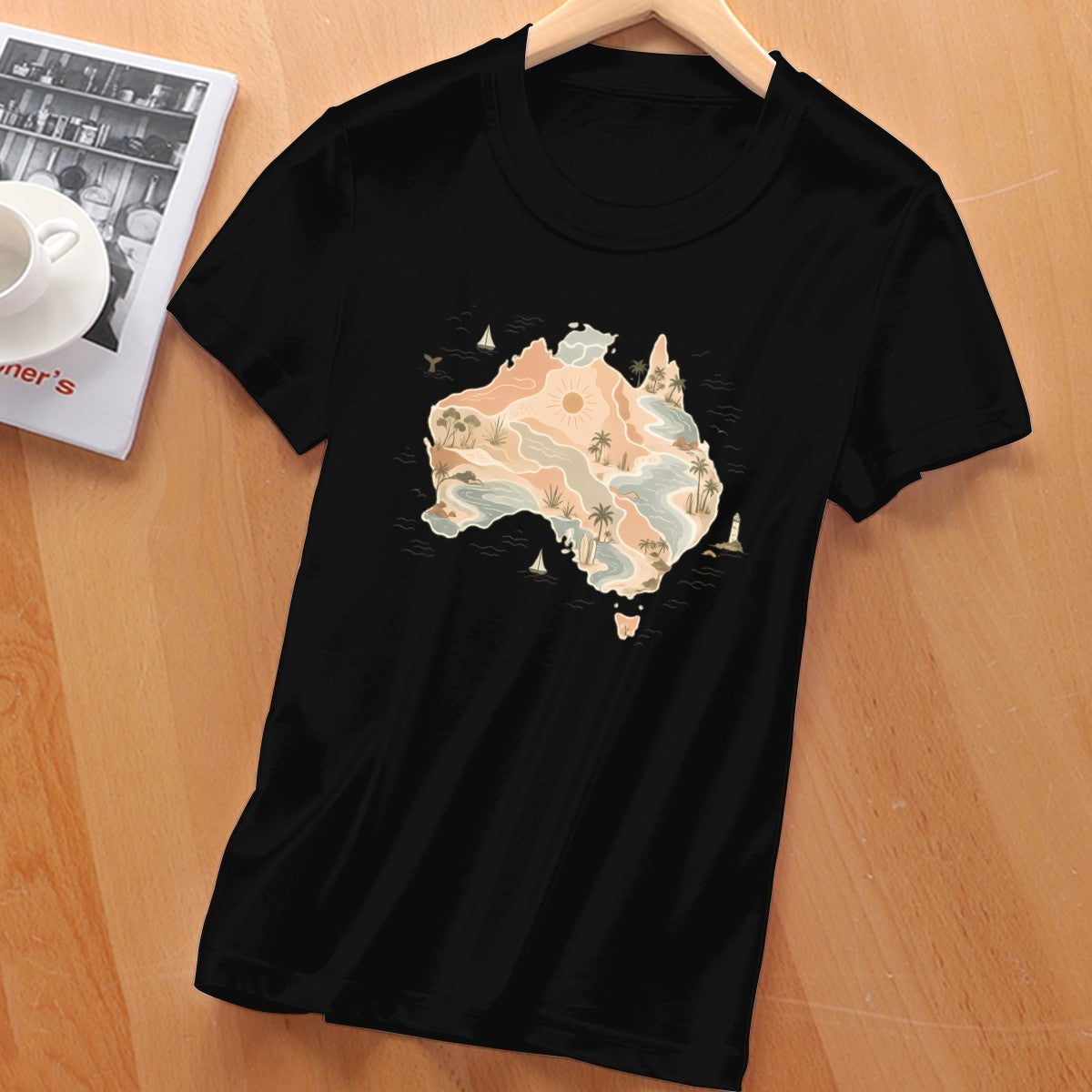 Boho Australia map print on a women's t-shirt, palm trees, dunes and a whale tail