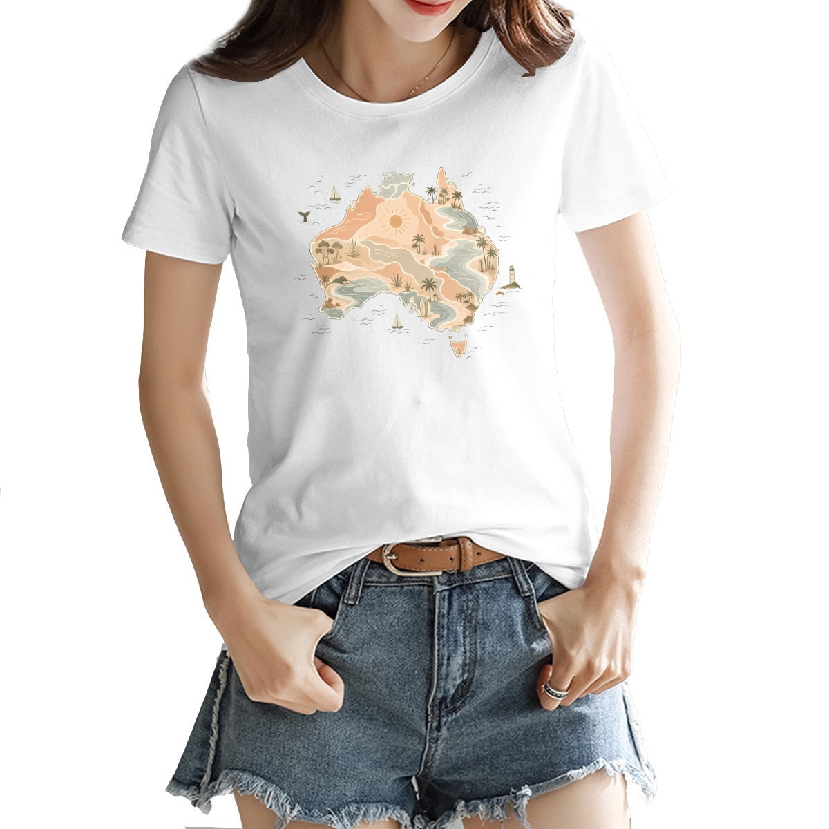 Boho Australia map print on a women's t-shirt, palm trees, dunes and a whale tail