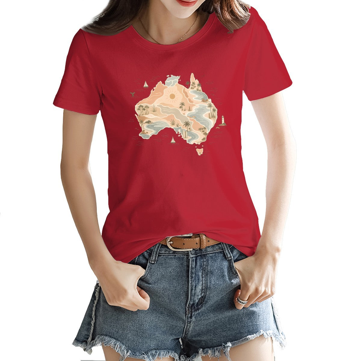 Boho Australia map print on a women's t-shirt, palm trees, dunes and a whale tail