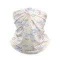 Neck gaiter and diving headband with pastel pink, blue and lilac rays, jellyfish, shells and seahorses on a cream background