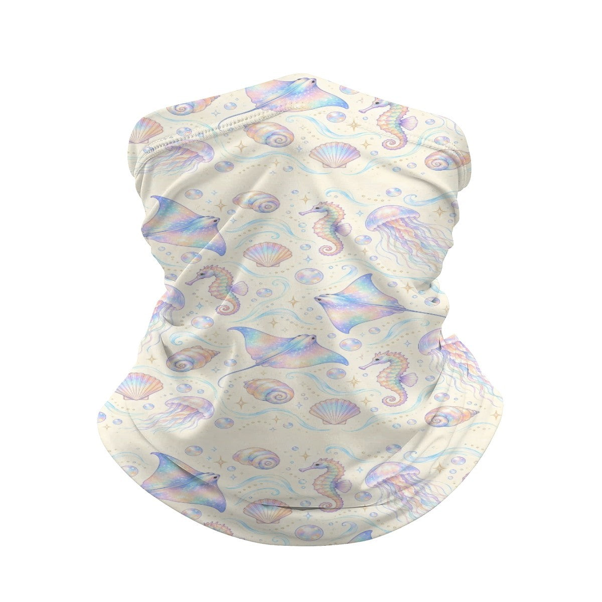 Neck gaiter and diving headband with pastel pink, blue and lilac rays, jellyfish, shells and seahorses on a cream background