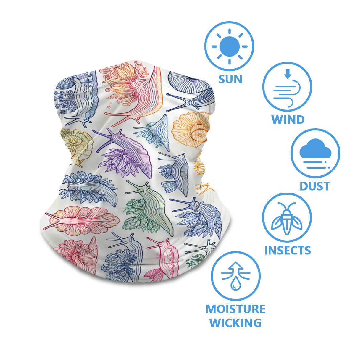 Reef Sketch neck gaiter worn around the neck, with sun, wind, dust and insect protection icons
