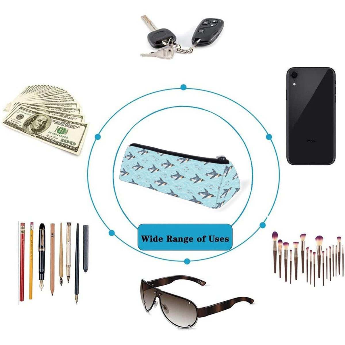 Penguin pencil case shown with items it can hold, including pens, brushes, keys and a phone