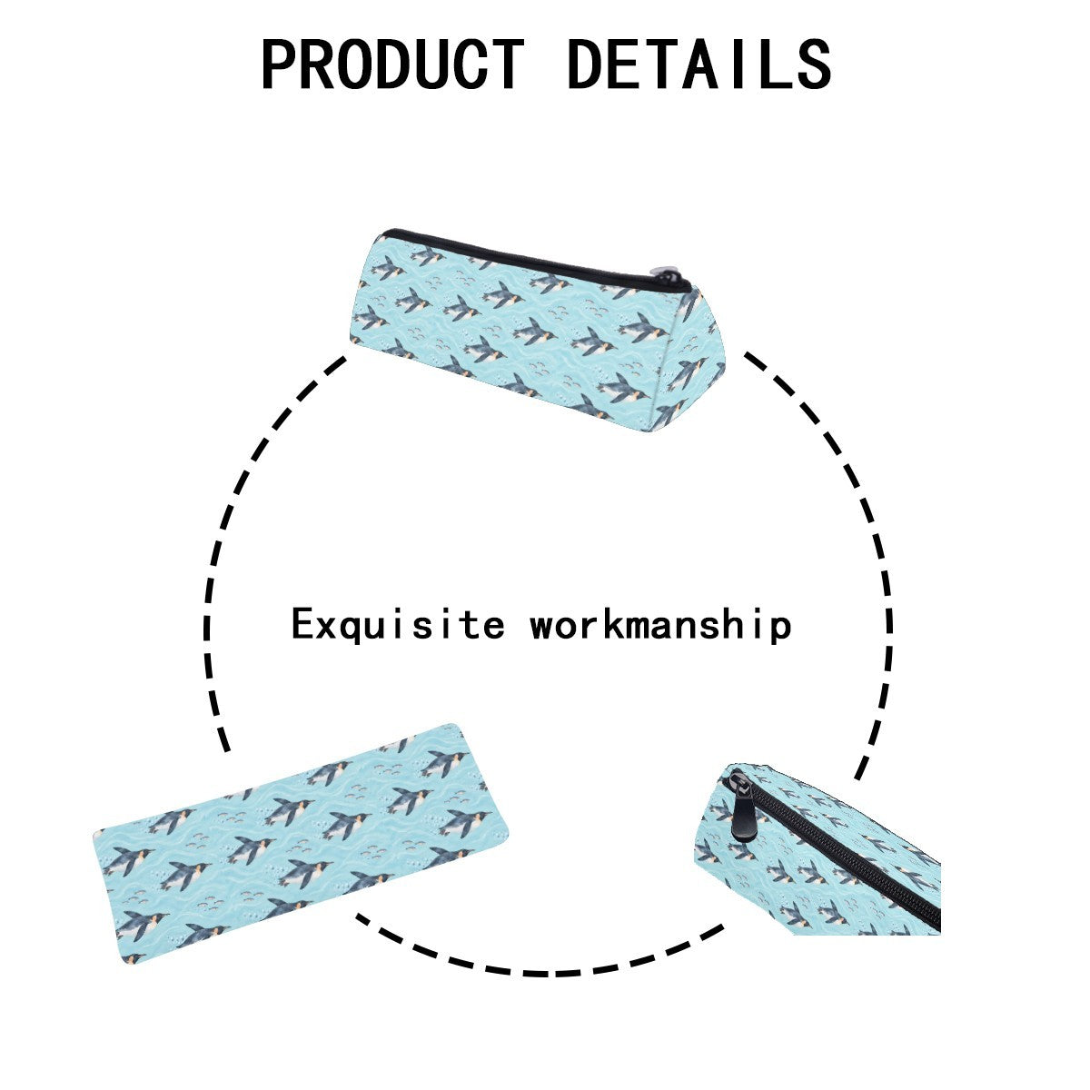 Product details diagram of the pencil case showing the zip and stitching
