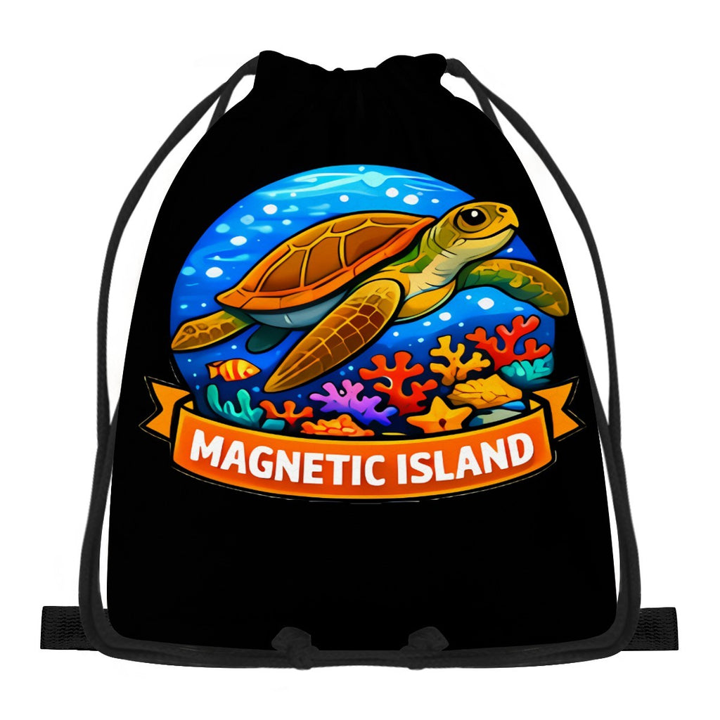 Magnetic Island turtle badge design on a black drawstring bag, front view.