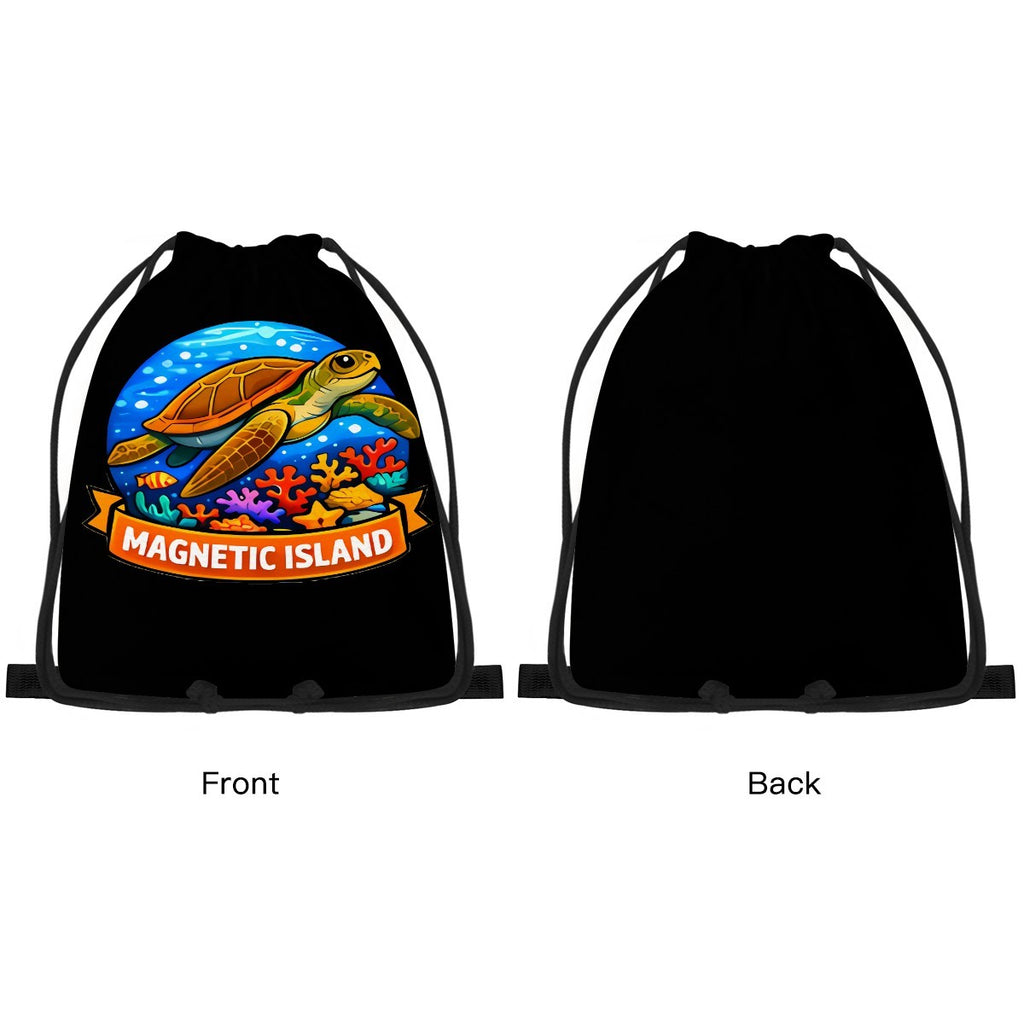 Front and back view of the Magnetic Island turtle drawstring bag, plain black on the reverse.