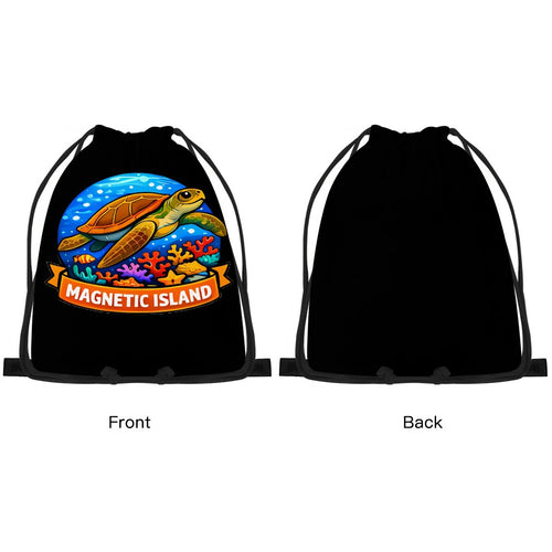 Front and back view of the Magnetic Island turtle drawstring bag, plain black on the reverse.